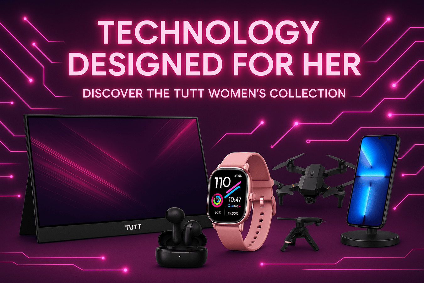 Women's tech collection with smartwatch, earbuds, drone, phone, and monitor on neon background, TUTT