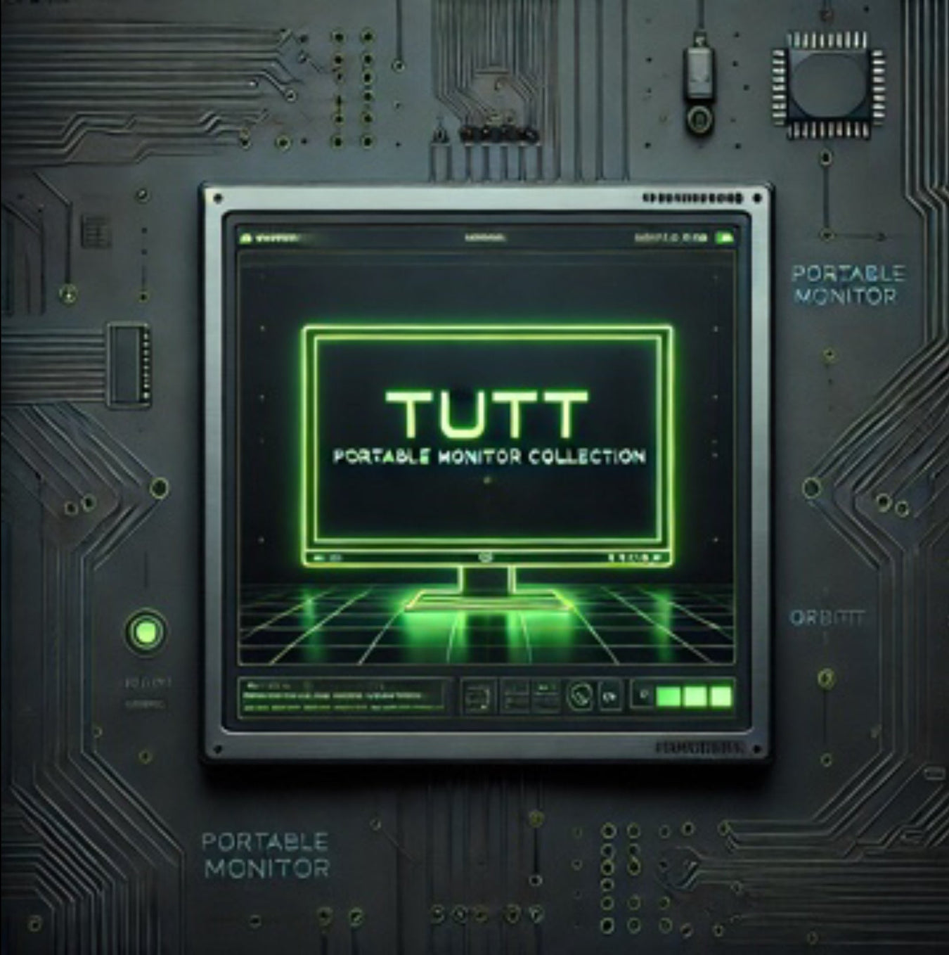 Futuristic portable monitor with green neon display, circuit board background, TUTT