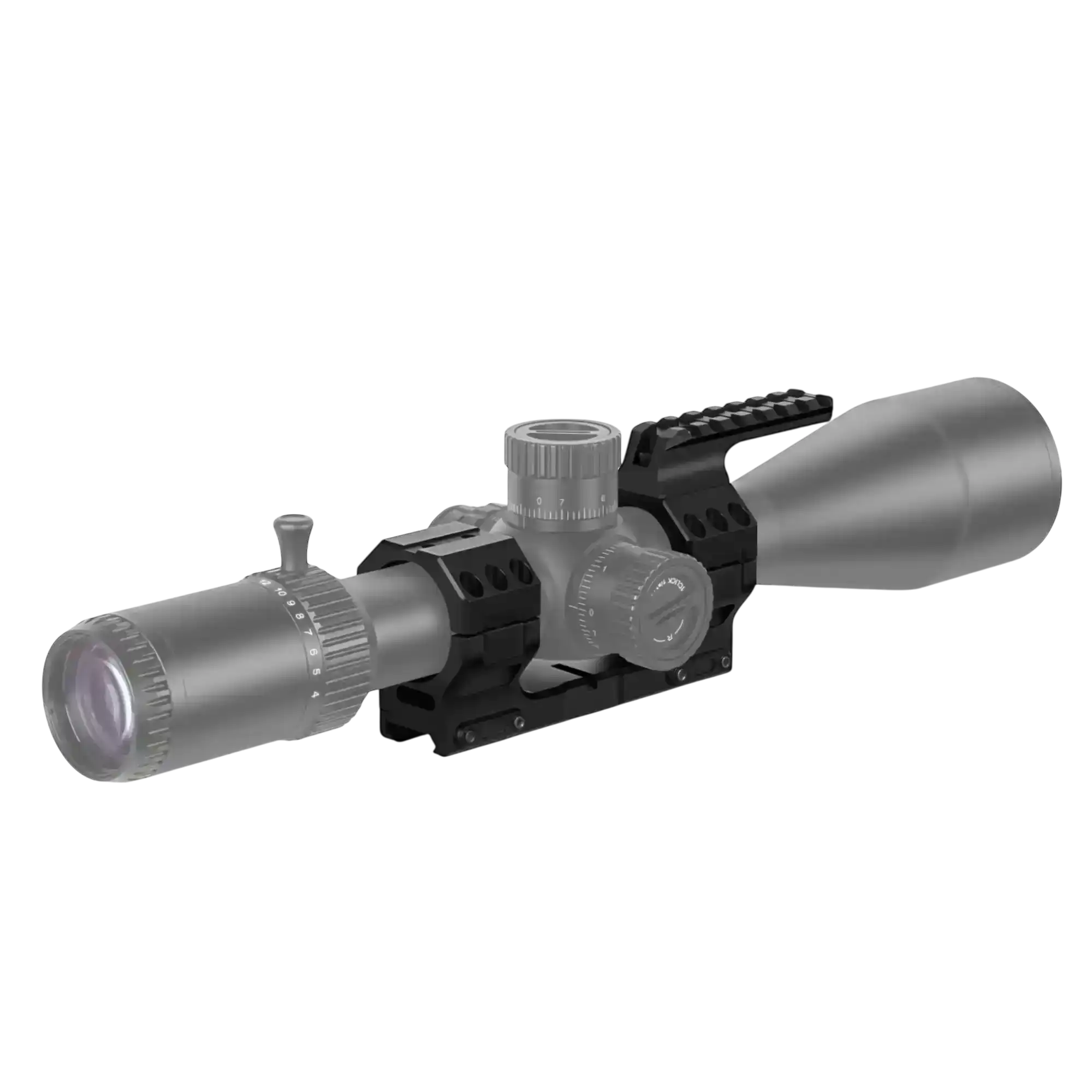 Tactical precision rifle scope mount with integrated level and top Picatinny rail, black. TUTT
