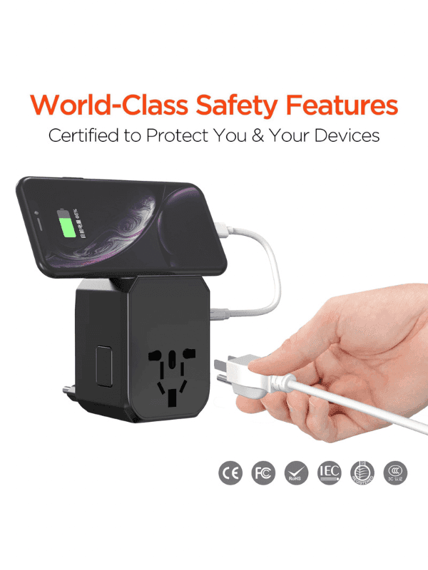Universal travel adapter with phone charging, USB ports, world-class safety certifications, and hand plugging in cable. TUTT