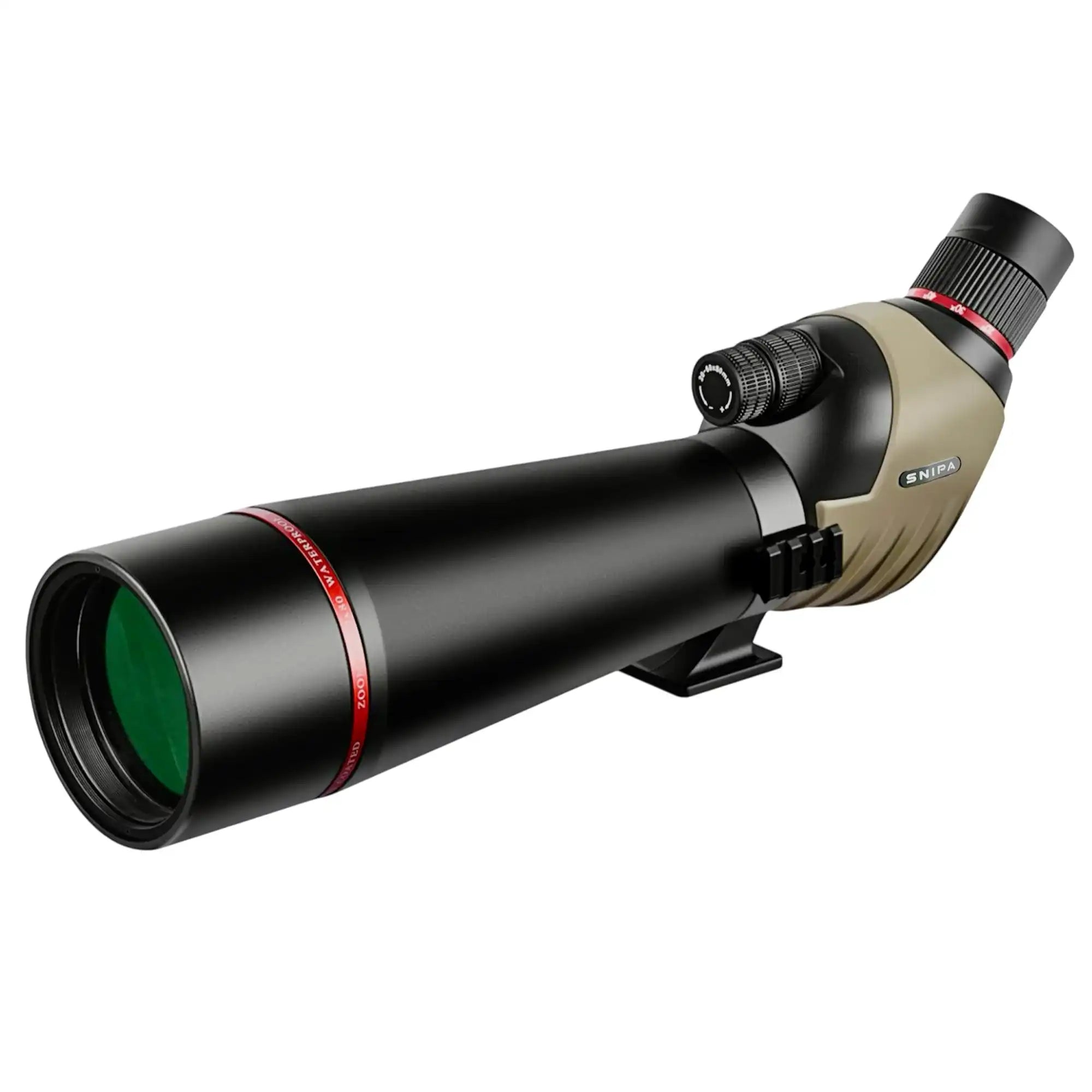 SNIPA NorthWatch HD black and tan spotting scope with dual focus and BAK4 prism on white background TUTT