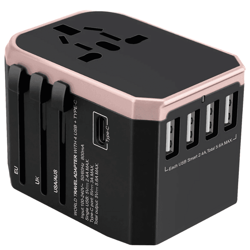 Universal travel adapter with 4 USB ports and type-C charging, black and rose gold. TUTT