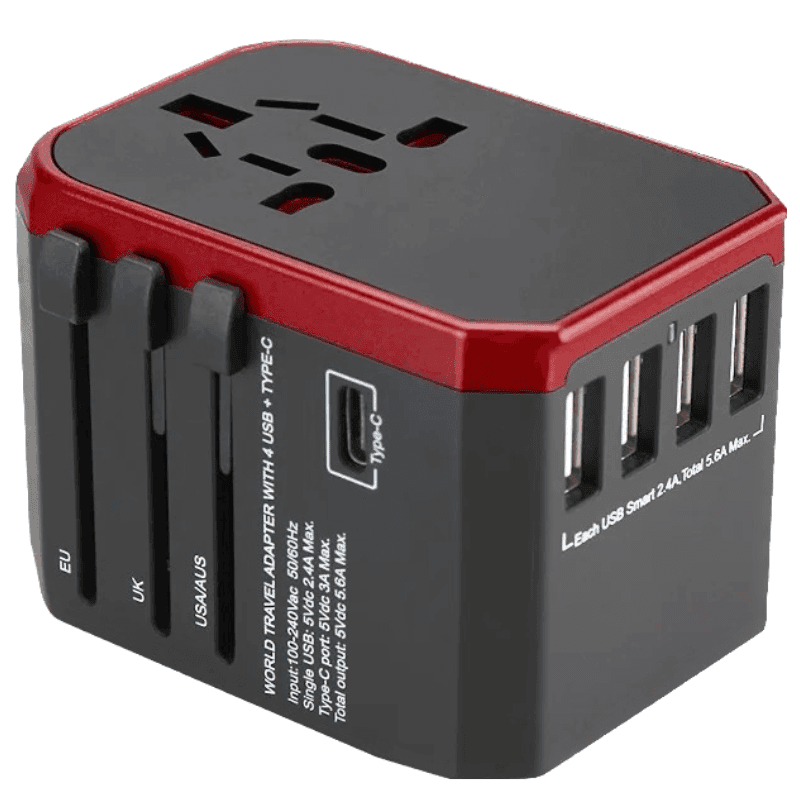 Universal travel adapter with red top, multiple USB ports, and global plug options. TUTT