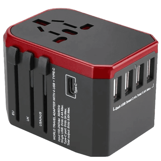 Universal travel adapter with red top, multiple USB ports, and global plug options. TUTT