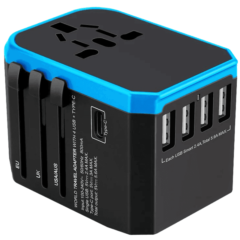 Universal travel adapter with blue trim, multiple USB ports, and built-in plug sliders. TUTT