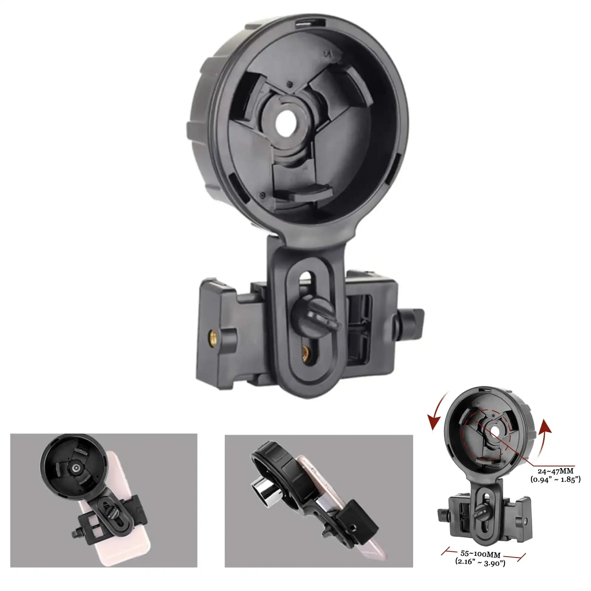 Universal phone adapter mount for spotting scopes, black adjustable clamp, measurement guide, TUTT