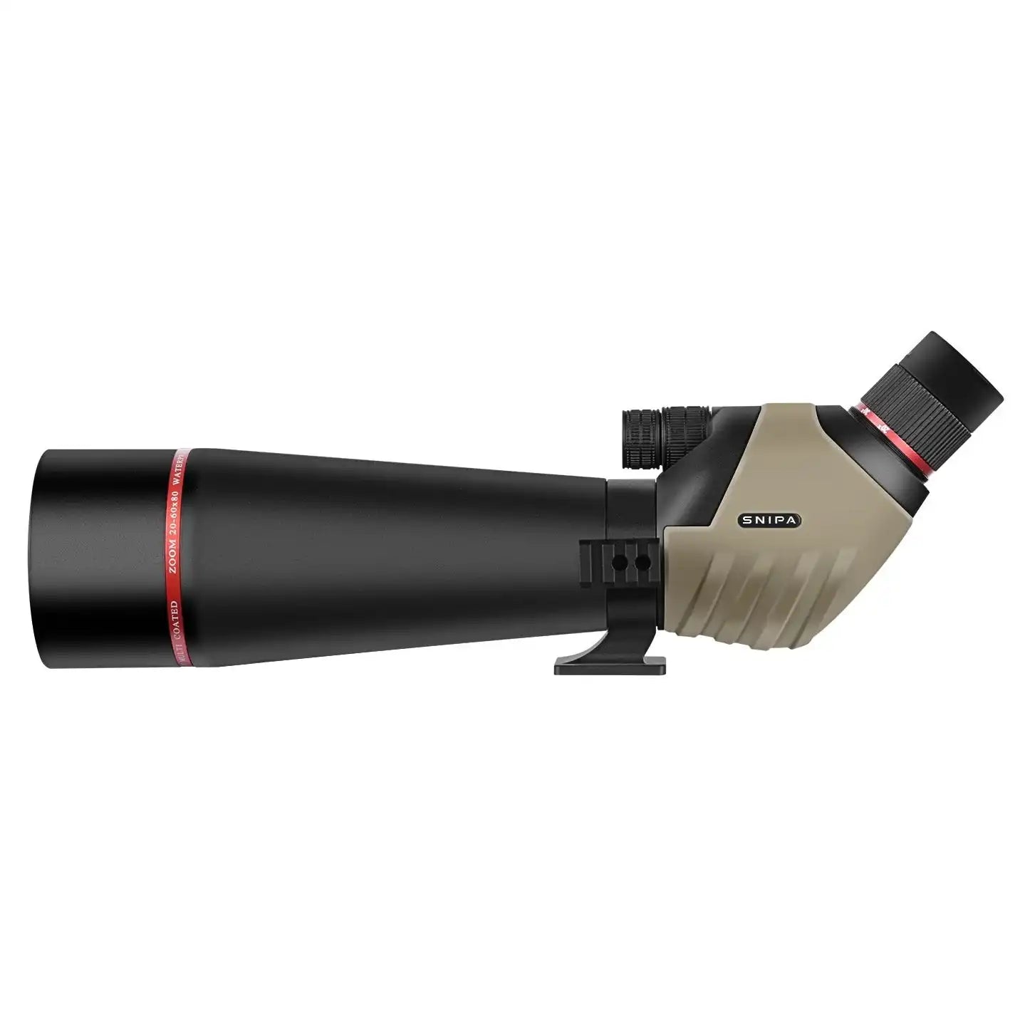 SNIPA NorthWatch HD spotting scope with angled eyepiece and tripod mount, black and tan body. TUTT