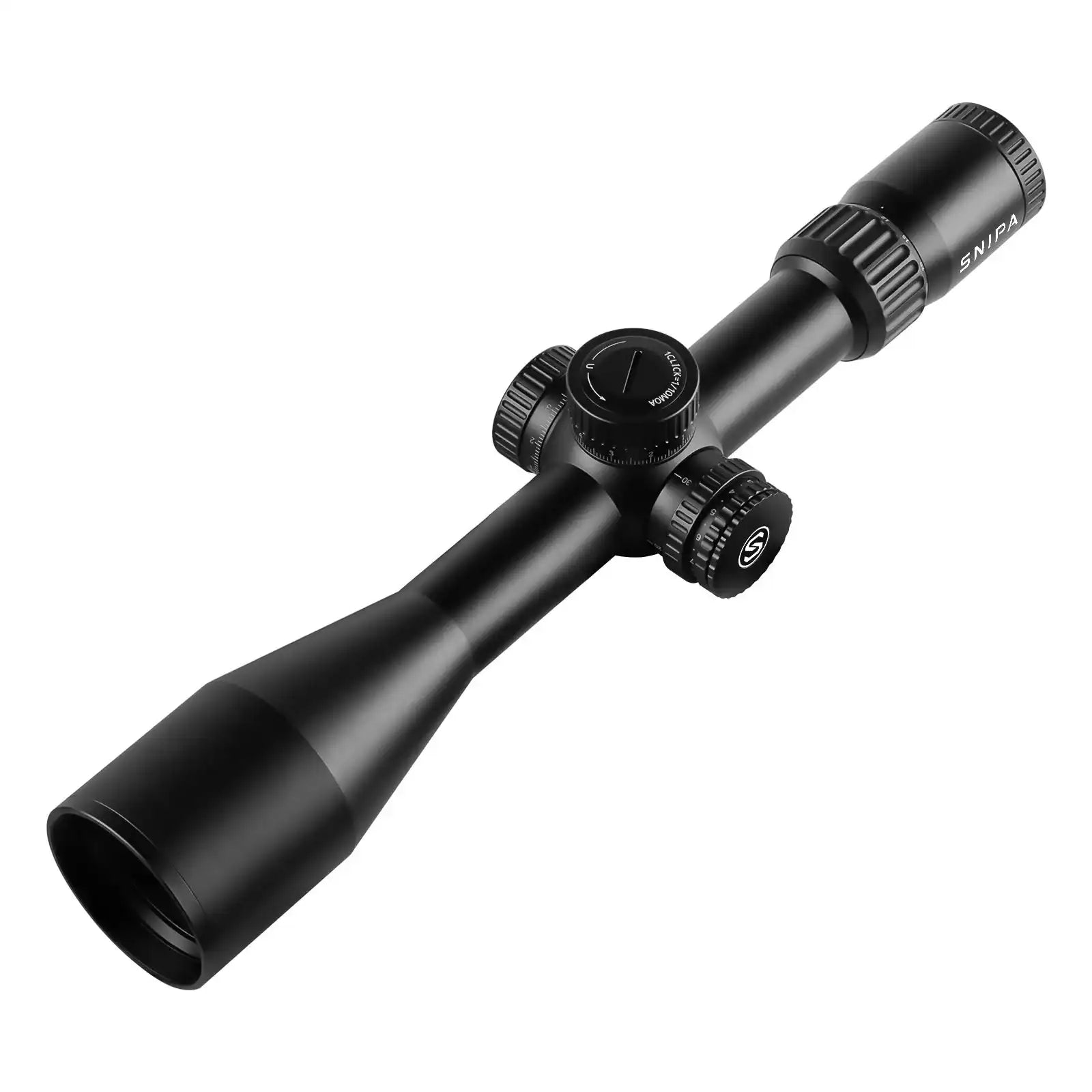 Black SNIPA Rockies rifle scope with adjustment knobs and clear markings on a white background. TUTT