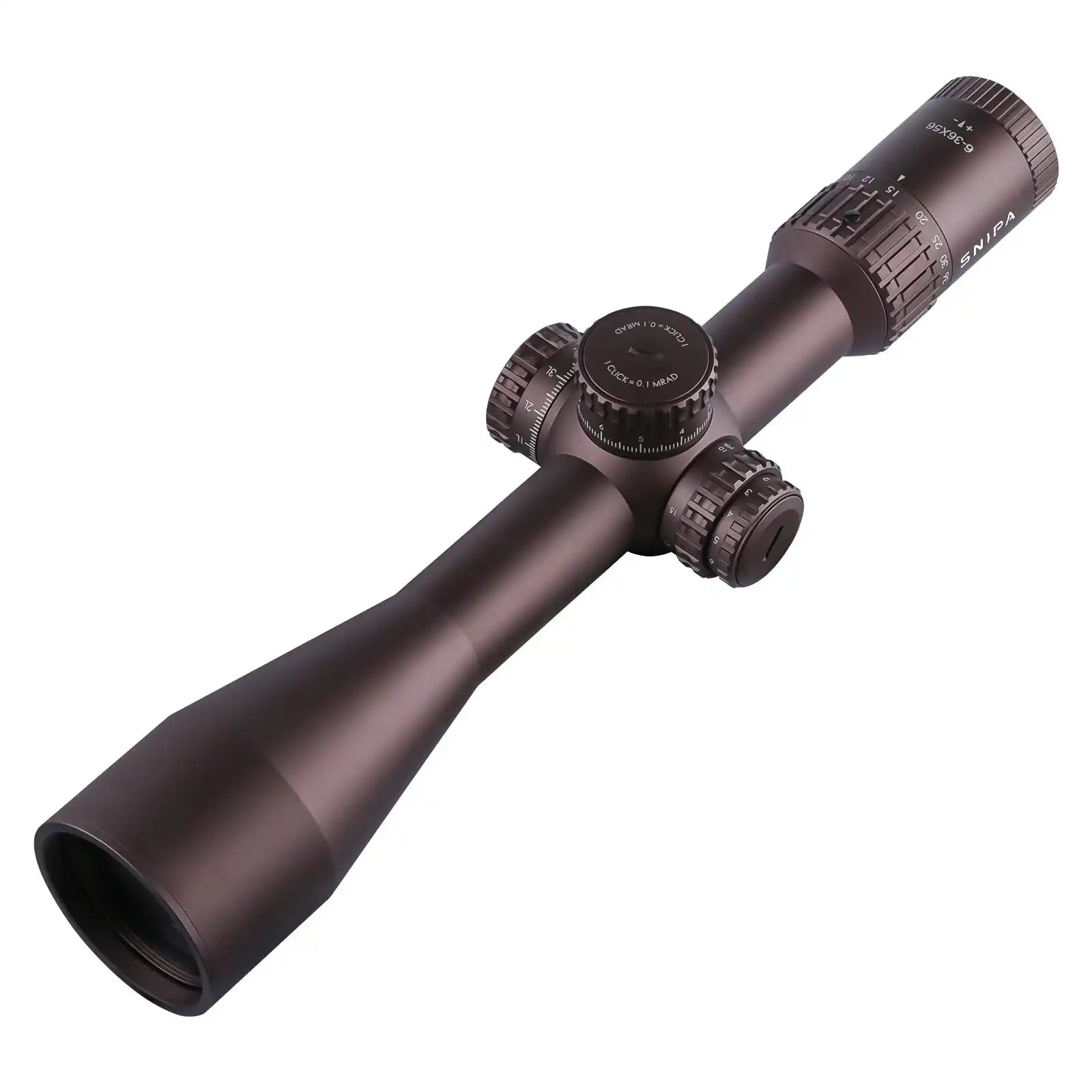 SNIPA Wolf Ice 6-36x56 tactical rifle scope with illuminated MRAD reticle on white TUTT
