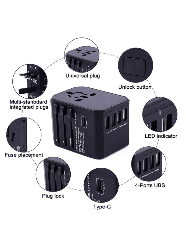 Universal travel adapter with USB, Type-C ports, LED indicator, and plug lock features. TUTT