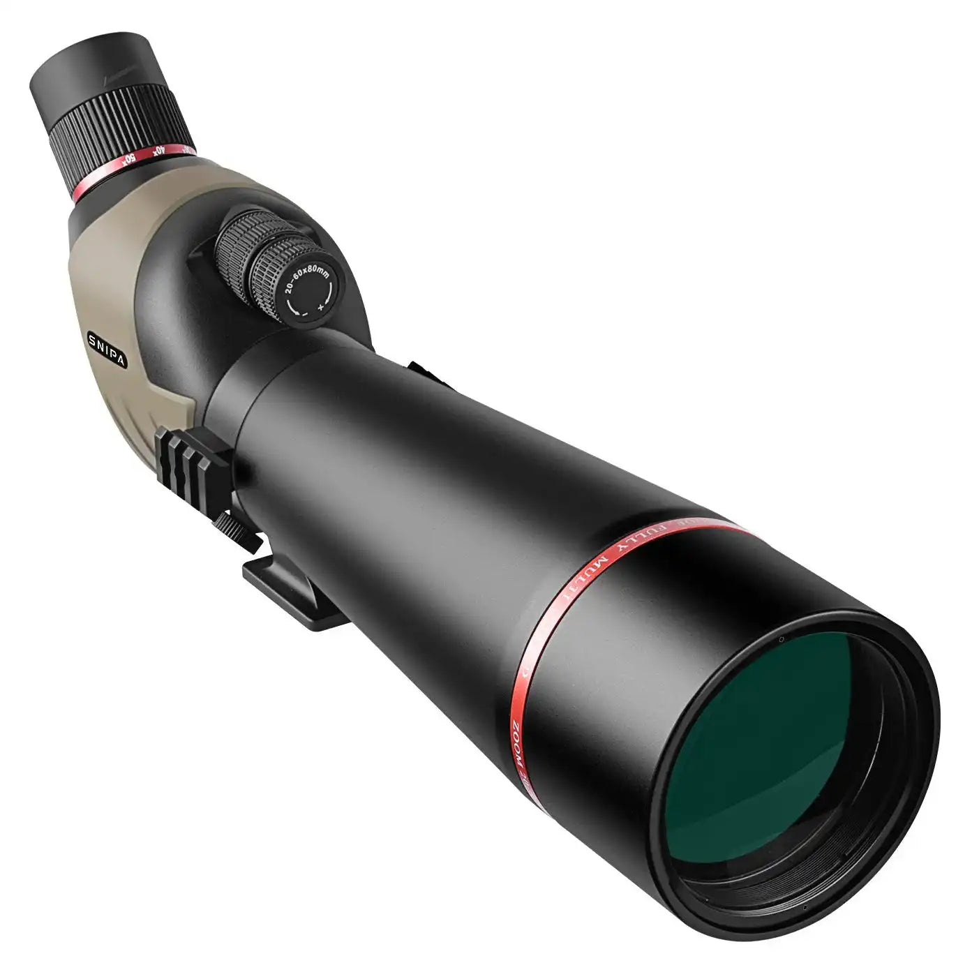 SNIPA NorthWatch HD spotting scope with BAK4 prism, dual focus knob, black-tan body, white background. TUTT