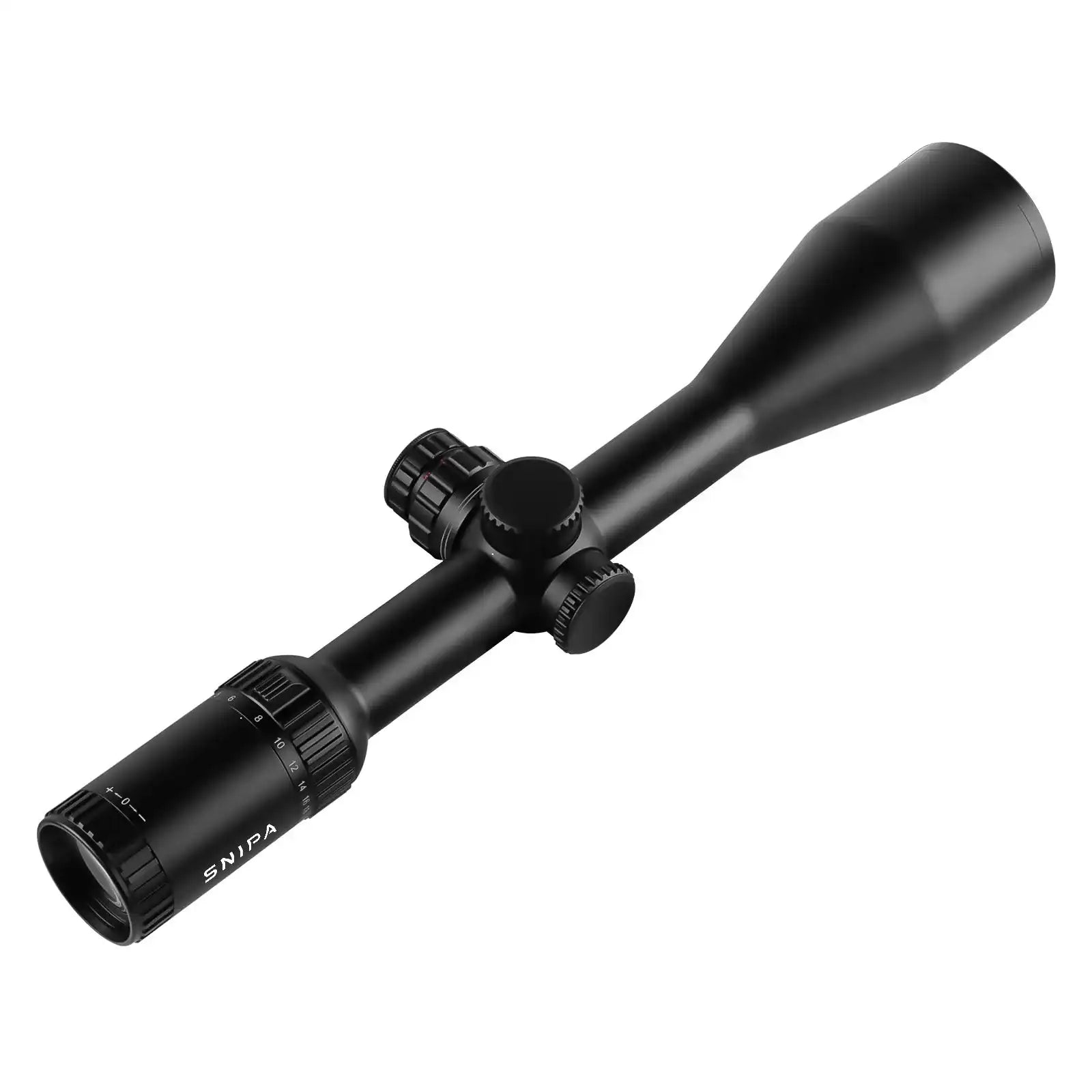 SNIPA POLAR X tactical rifle scope with adjustment knobs and matte black finish, isolated on white. TUTT