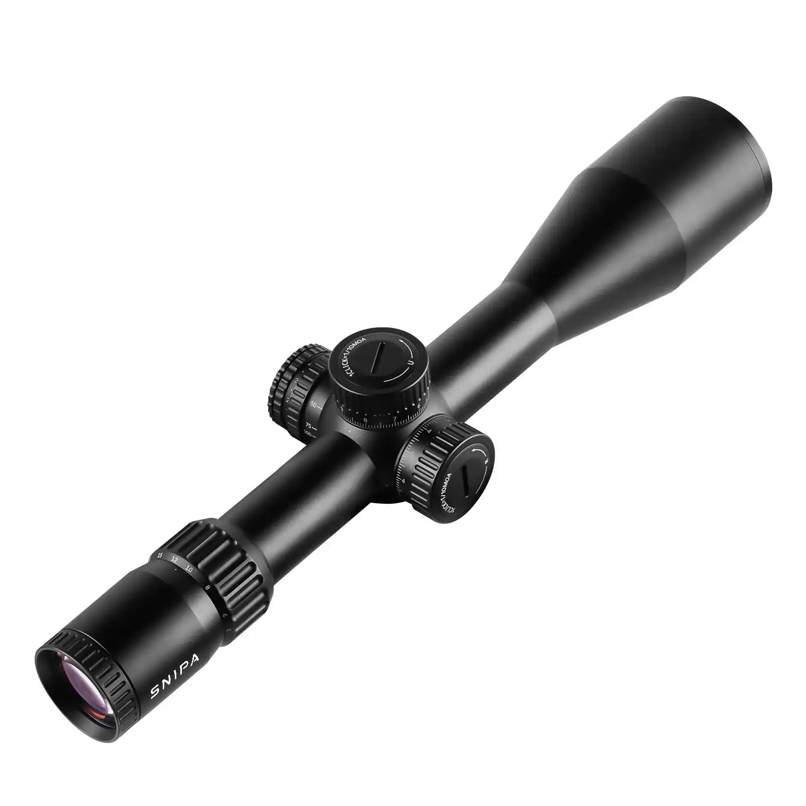 Black SNIPA rifle scope with adjustment knobs and textured tube, isolated on white background. TUTT