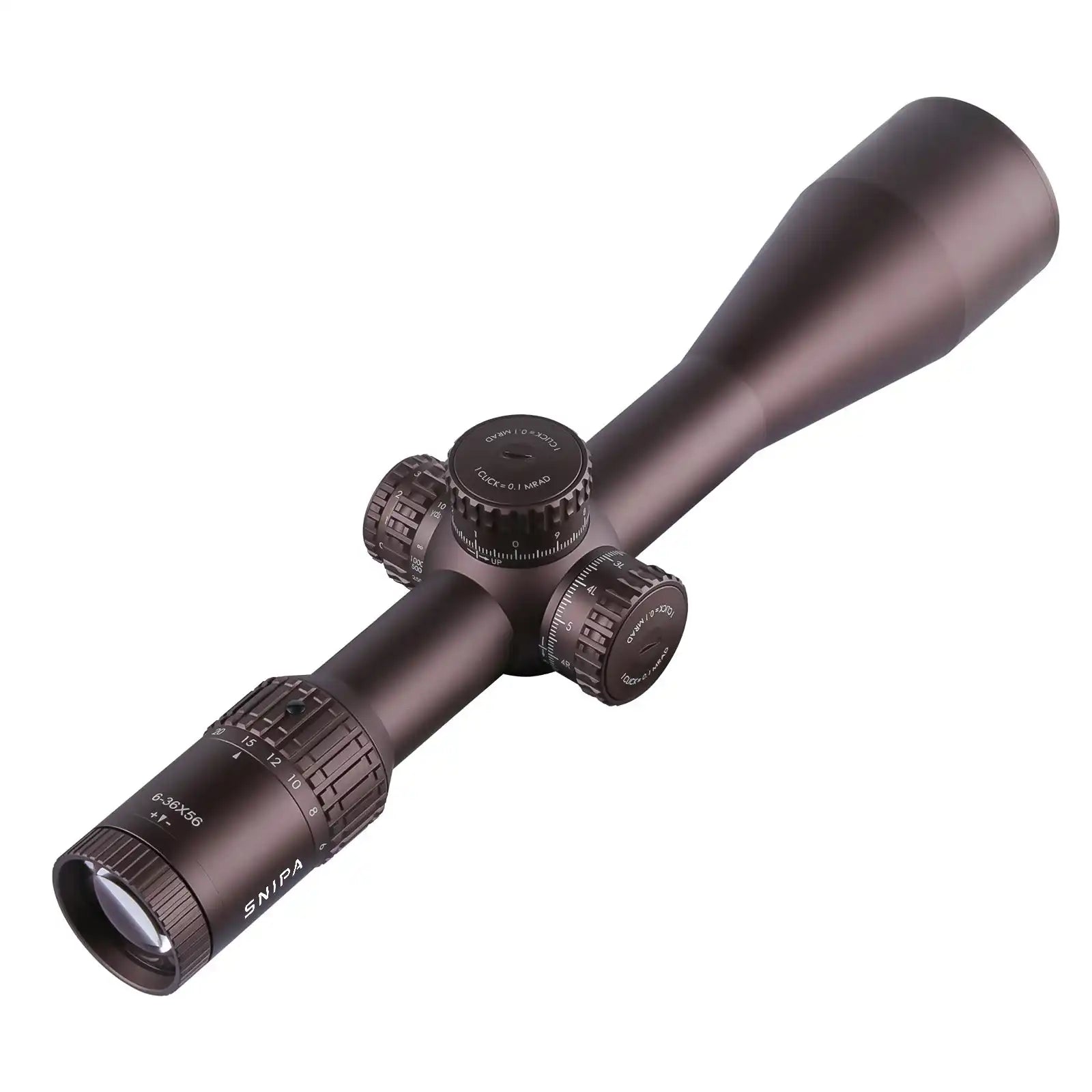 SNIPA Wolf ICE 6-36x56 tactical rifle scope with illuminated MRAD reticle, 34mm tube, black finish. TUTT