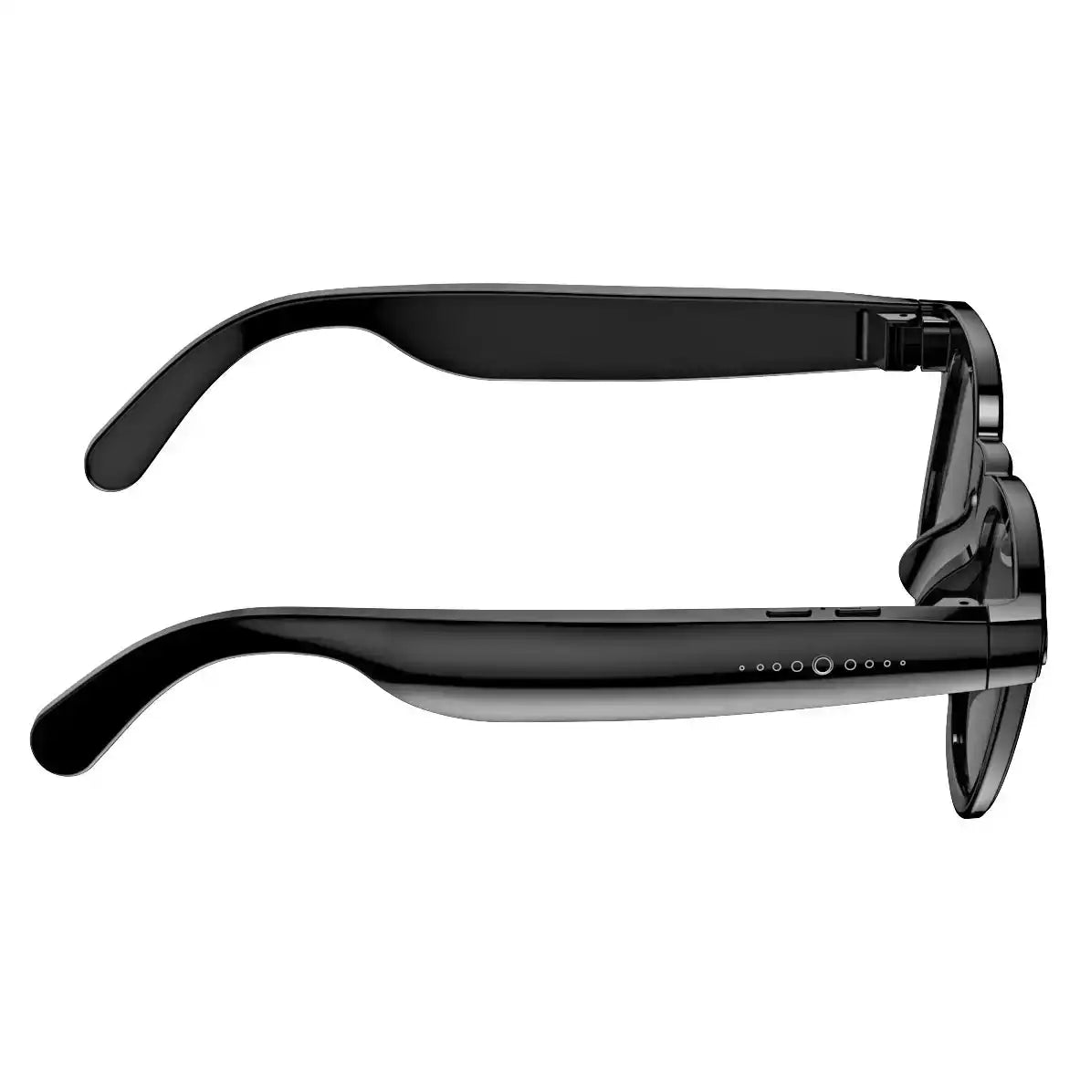 Black TUTT AI smart glasses with camera and control buttons, side profile view TUTT