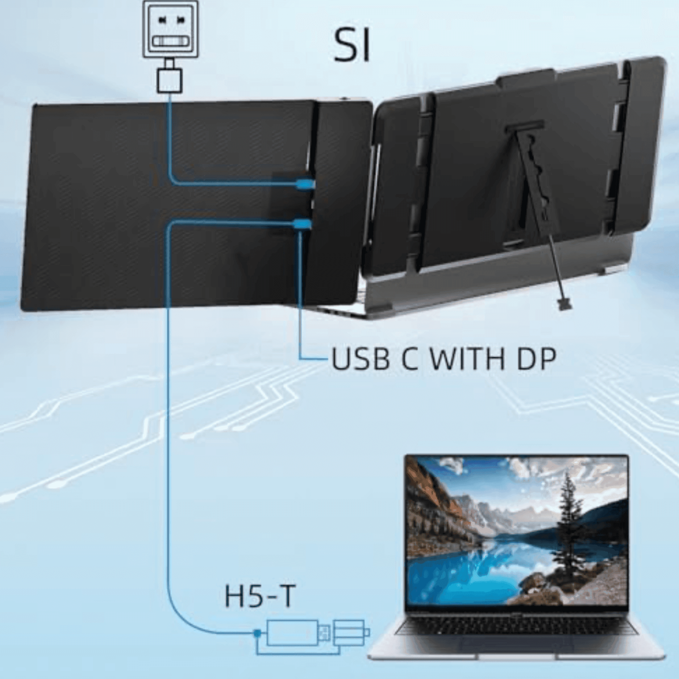 Dual portable monitor setup connected to a laptop via USB-C with DP and H5-T adapter, TUTT