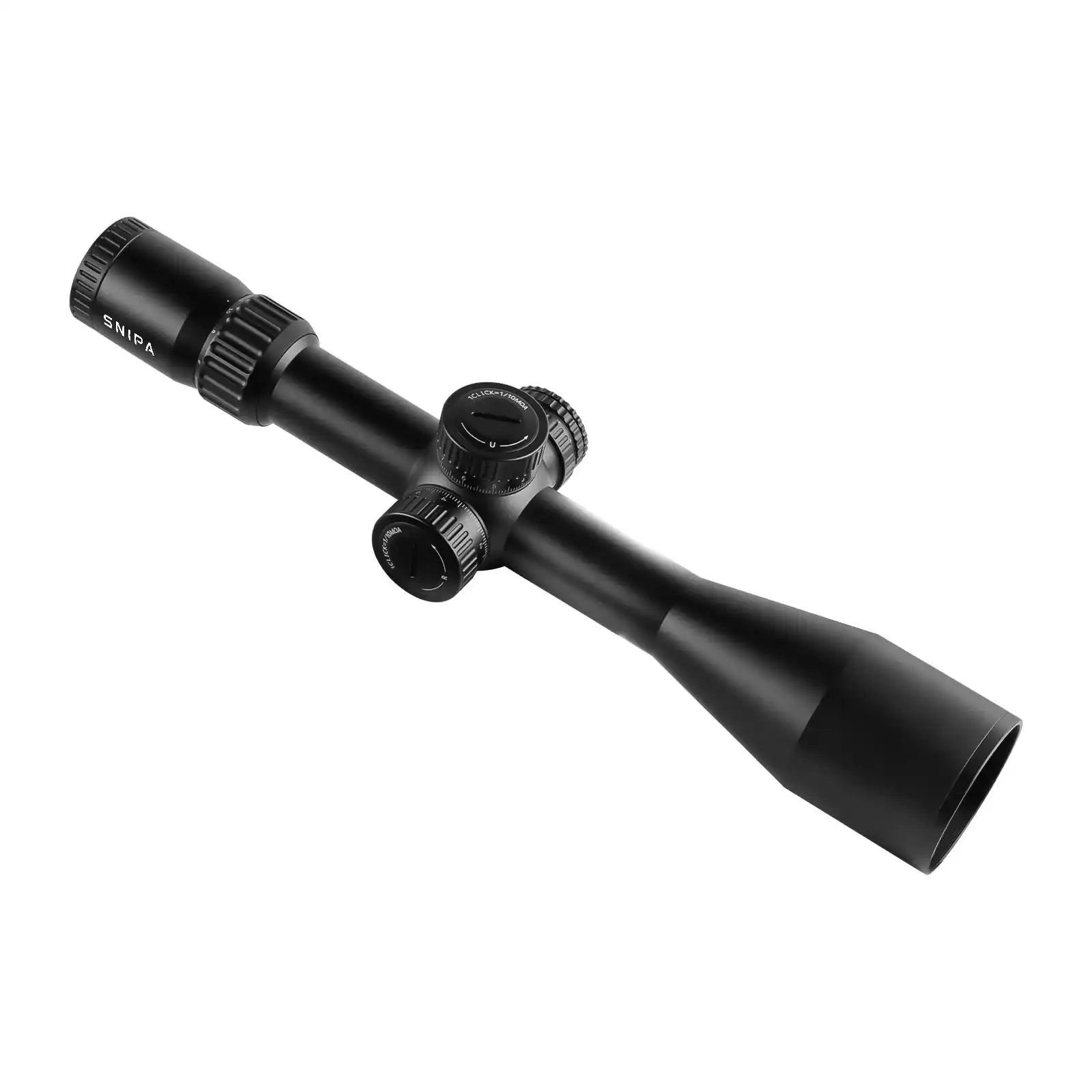 Black tactical SNIPA rifle scope with adjustment knobs and 34mm tube on white background TUTT