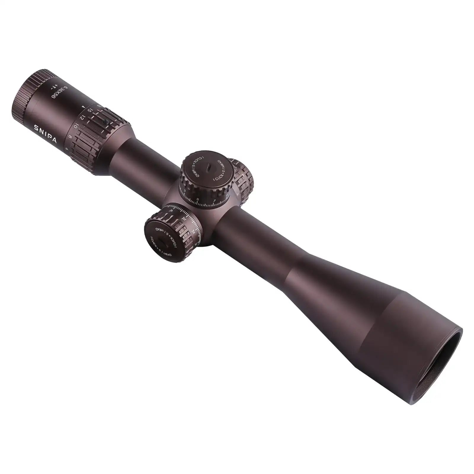 SNIPA tactical rifle scope with MRAD reticle, adjustable turrets on white background, TUTT
