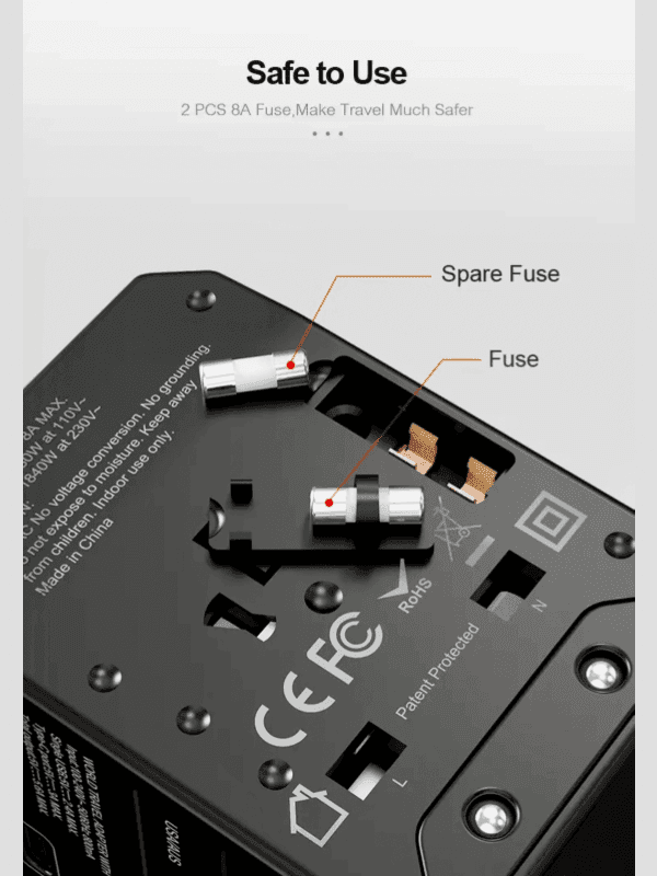 Travel adapter close-up showing labeled fuse and spare fuse, CE FCC safety markings. TUTT