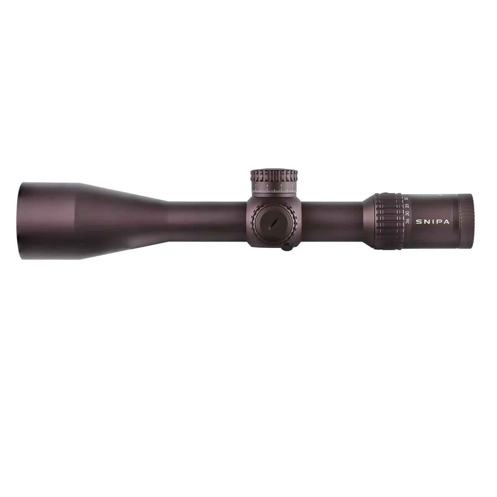 Tactical rifle scope with adjustment turrets, side focus knob, SNIPA branding, on white background. TUTT