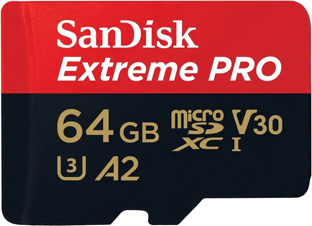 SanDisk Extreme PRO 64GB microSDXC memory card, U3 A2 V30, black and red design, TUTT