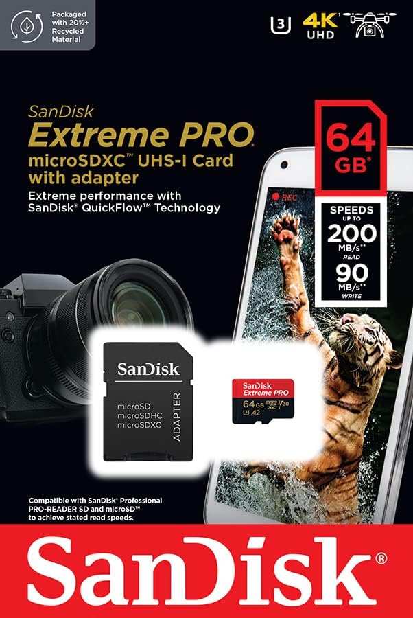 SanDisk Extreme PRO 64GB microSDXC memory card with adapter, camera and smartphone, 4K UHD, fast read write speeds, TUTT
