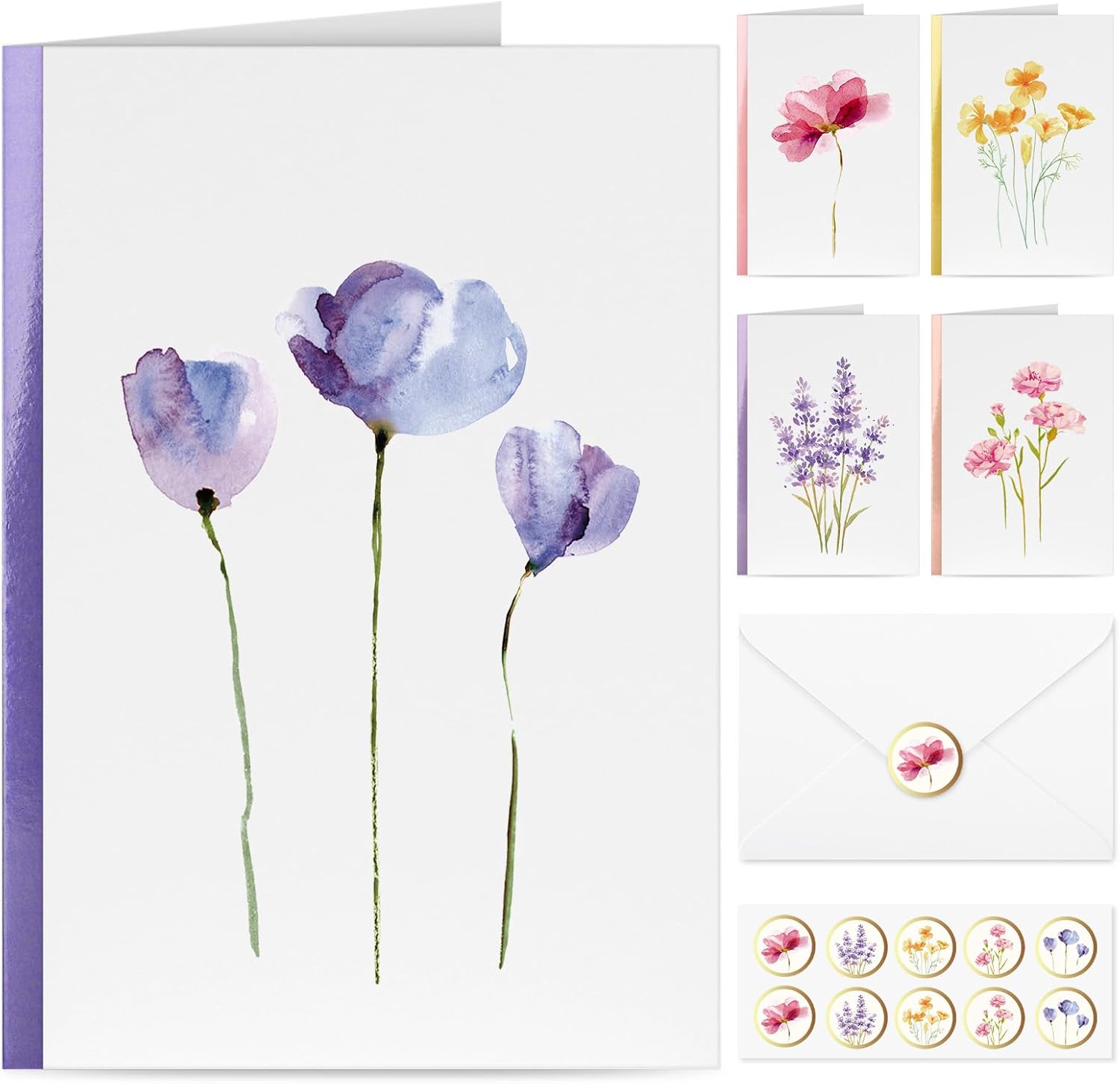 Card and Envelope, Elegant Note,  Set For All Occasions, Floral Designs, 4" x 6"
