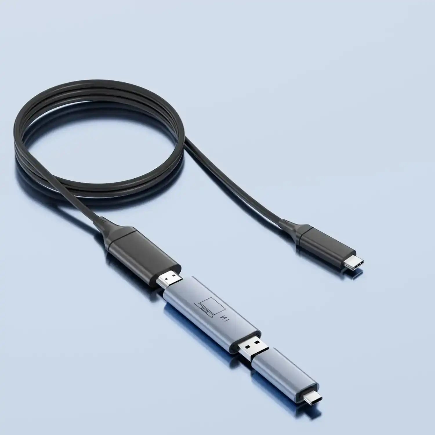 Multi-port USB-C and USB-A adapter cable for portable monitors and laptops on blue background, TUTT