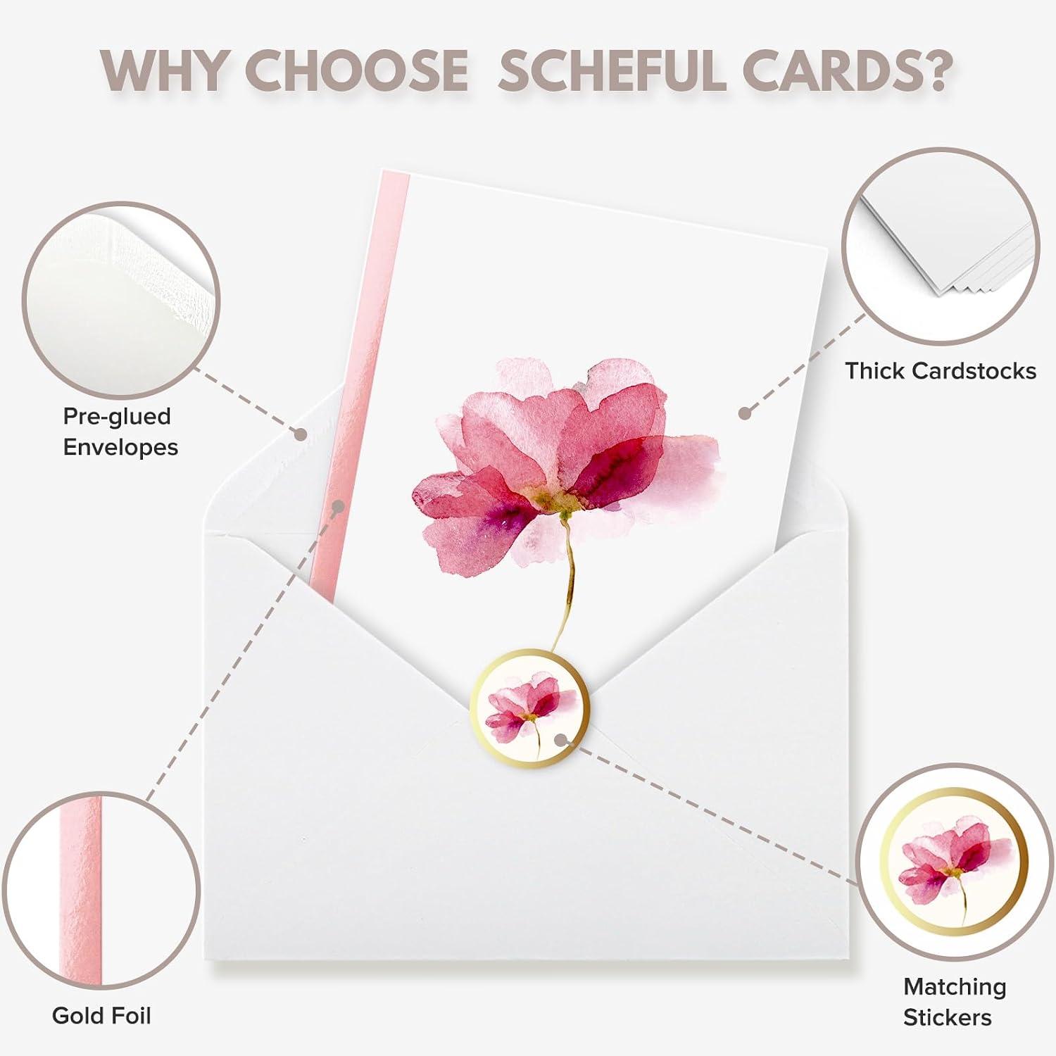 Card and Envelope, Elegant Note,  Set For All Occasions, Floral Designs, 4" x 6"