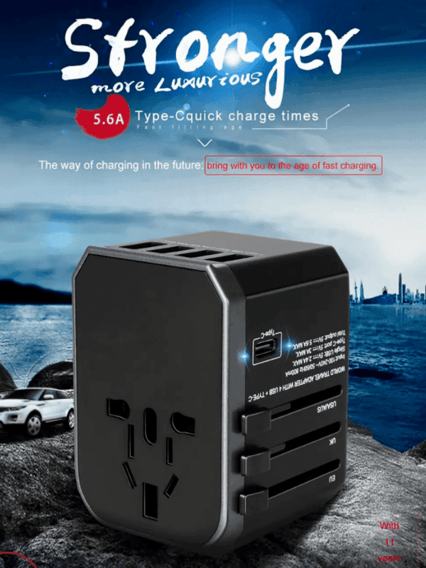 Universal travel adapter with multiple USB ports and fast charging feature, outdoor setting. TUTT