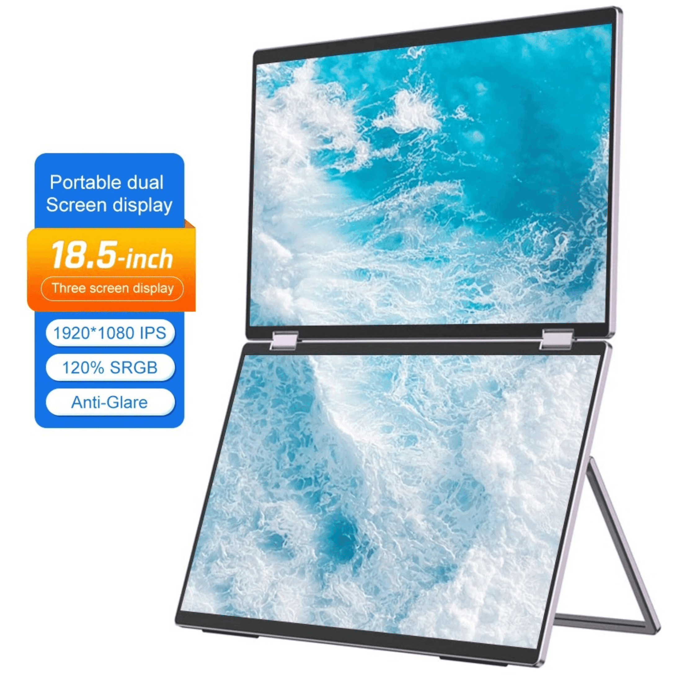 Portable dual screen 18.5-inch display with ocean image, 1920x1080 IPS, 120% SRGB, anti-glare. TUTT