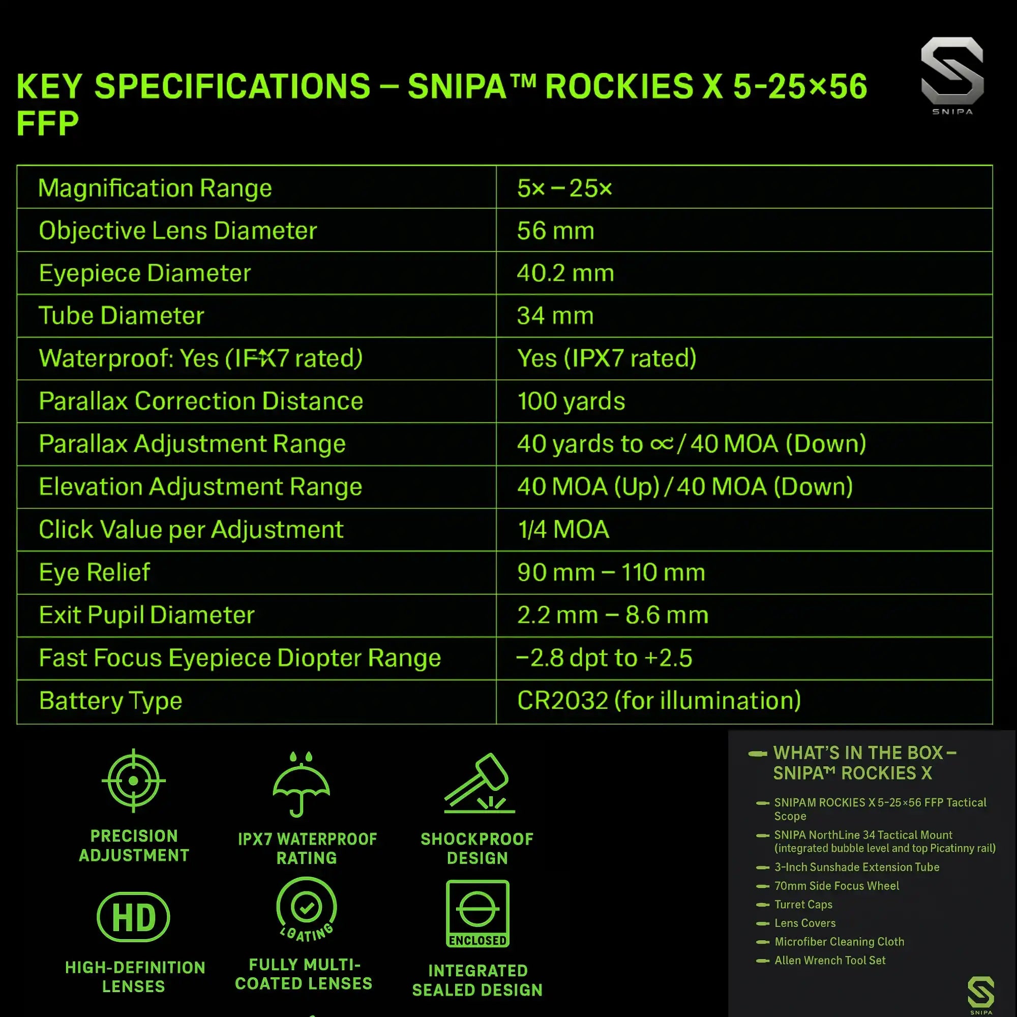 SNIPA Rockies X 5-25x56 FFP rifle scope key specifications chart with features icons TUTT