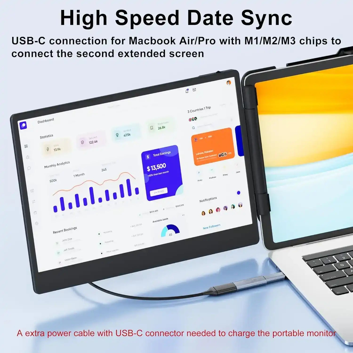 Portable monitor connected to MacBook via USB-C, displaying colorful dashboard screen, TUTT