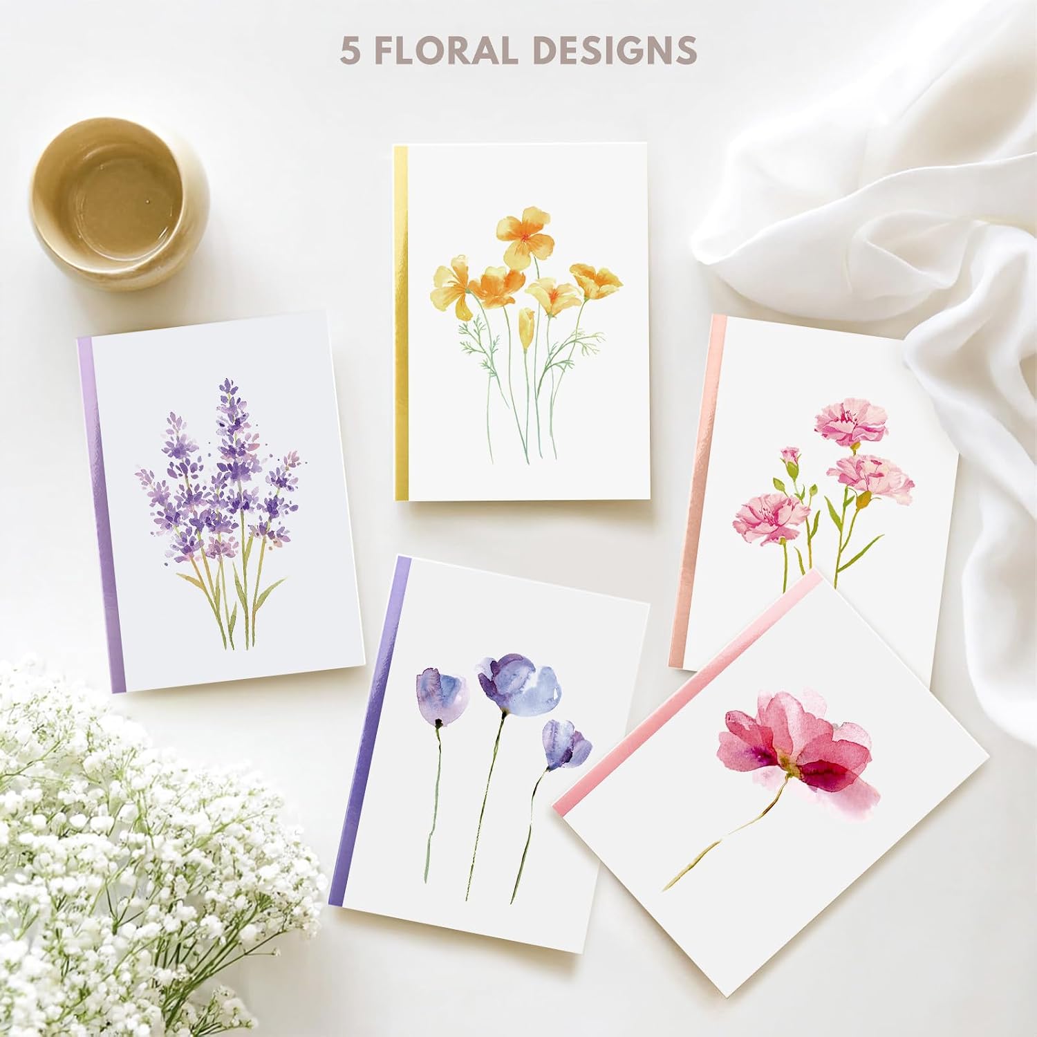 Card and Envelope, Elegant Note,  Set For All Occasions, Floral Designs, 4" x 6"