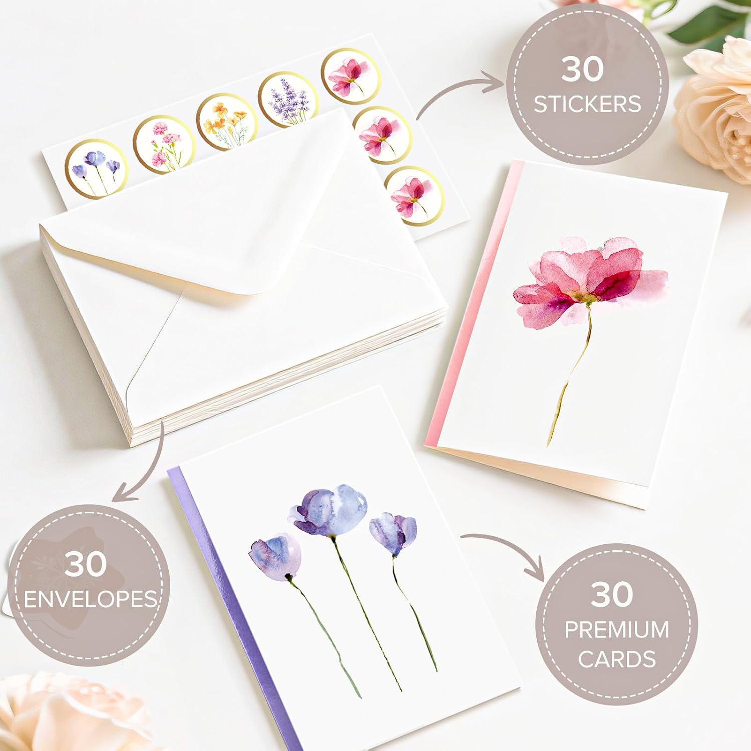 Card and Envelope, Elegant Note,  Set For All Occasions, Floral Designs, 4" x 6"