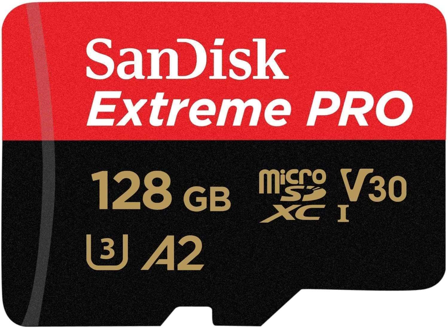 SanDisk Extreme PRO 128GB microSDXC UHS-I memory card, black and red design, V30 A2, TUTT