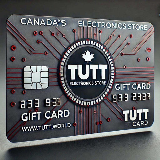 TUTT Electronics Store gift card with circuit design, chip, and Canada branding. TUTT