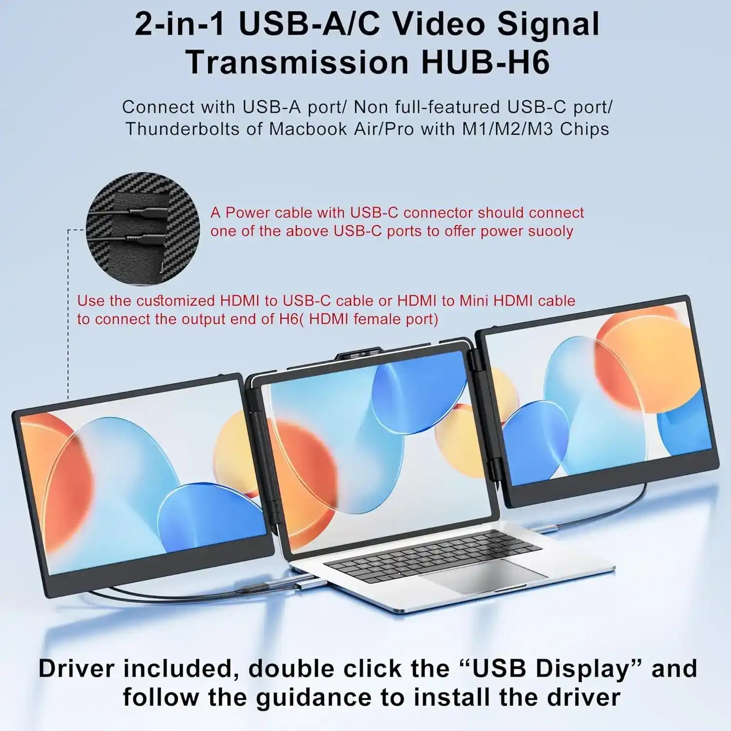 Triple portable monitor screens connected to a laptop with USB-A and USB-C cables, TUTT
