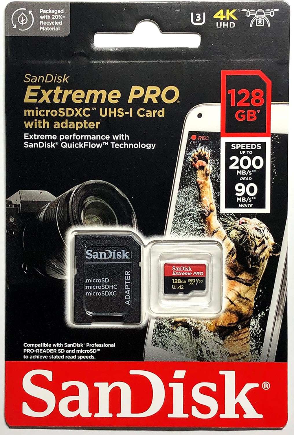 SanDisk Extreme PRO 128GB microSDXC UHS-I card with adapter, 4K UHD, up to 200MB/s, retail packaging, tiger image. TUTT