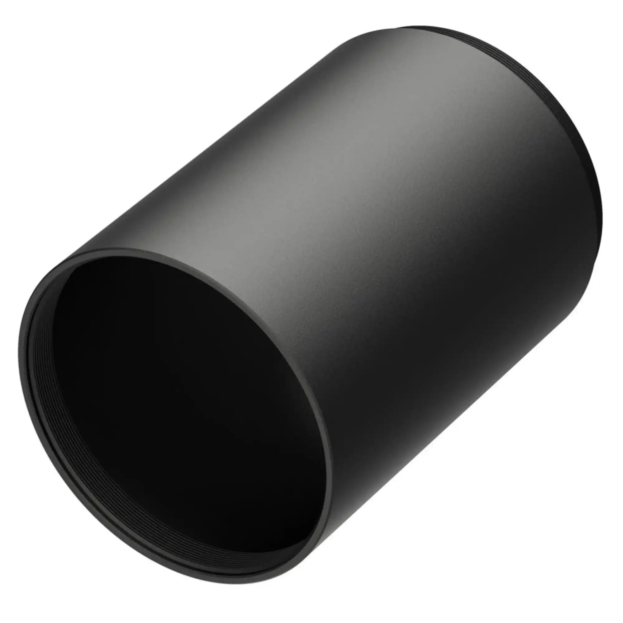 Matte black rifle scope sunshade tube accessory, cylindrical and threaded, isolated. TUTT