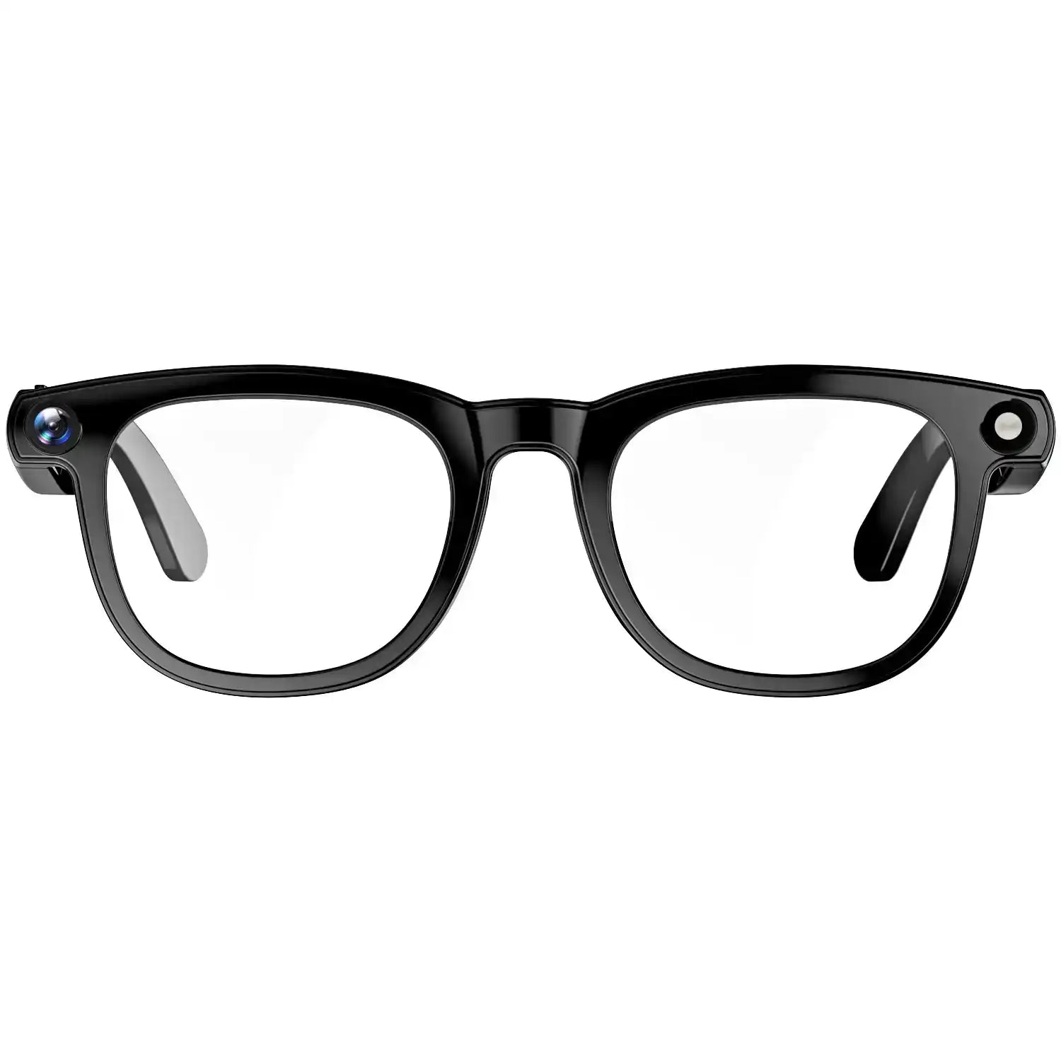 Black AI smart glasses with built-in camera and clear lenses on white background TUTT