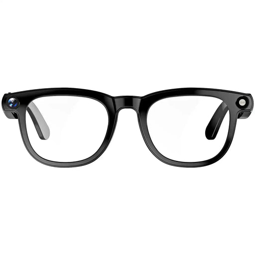 Black AI smart glasses with built-in camera and clear lenses on white background TUTT
