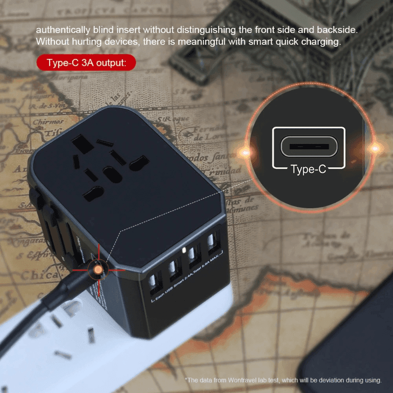 Universal travel adapter with USB ports and Type-C 3A output on vintage map background TUTT