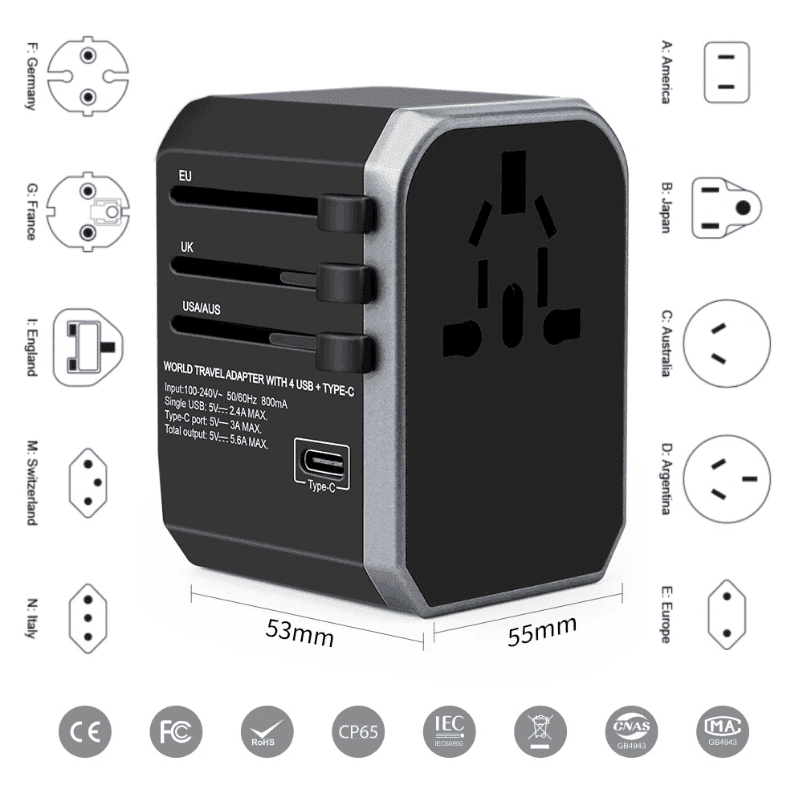 Universal travel adapter with 4 USB ports and Type-C, plug types for multiple countries shown. TUTT