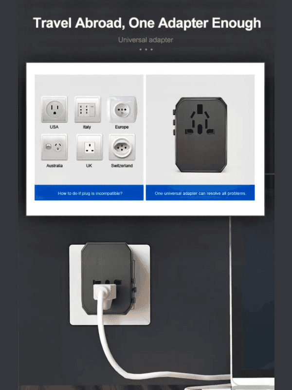 Universal travel adapter plugged into wall, compatible with USA, Italy, Europe, UK, Australia, Switzerland outlets. TUTT