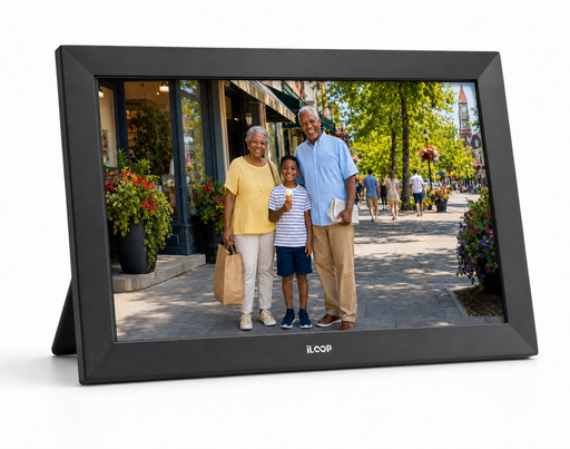 A black digital picture frame with a stand, displaying a photo of a grandfather, grandmother, and child on a city sidewalk. The brand name 'iLOOP' is visible at the bottom center of the frame.