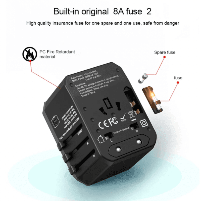 Universal travel adapter with built-in 8A fuse, spare fuse, and fire retardant PC material. TUTT
