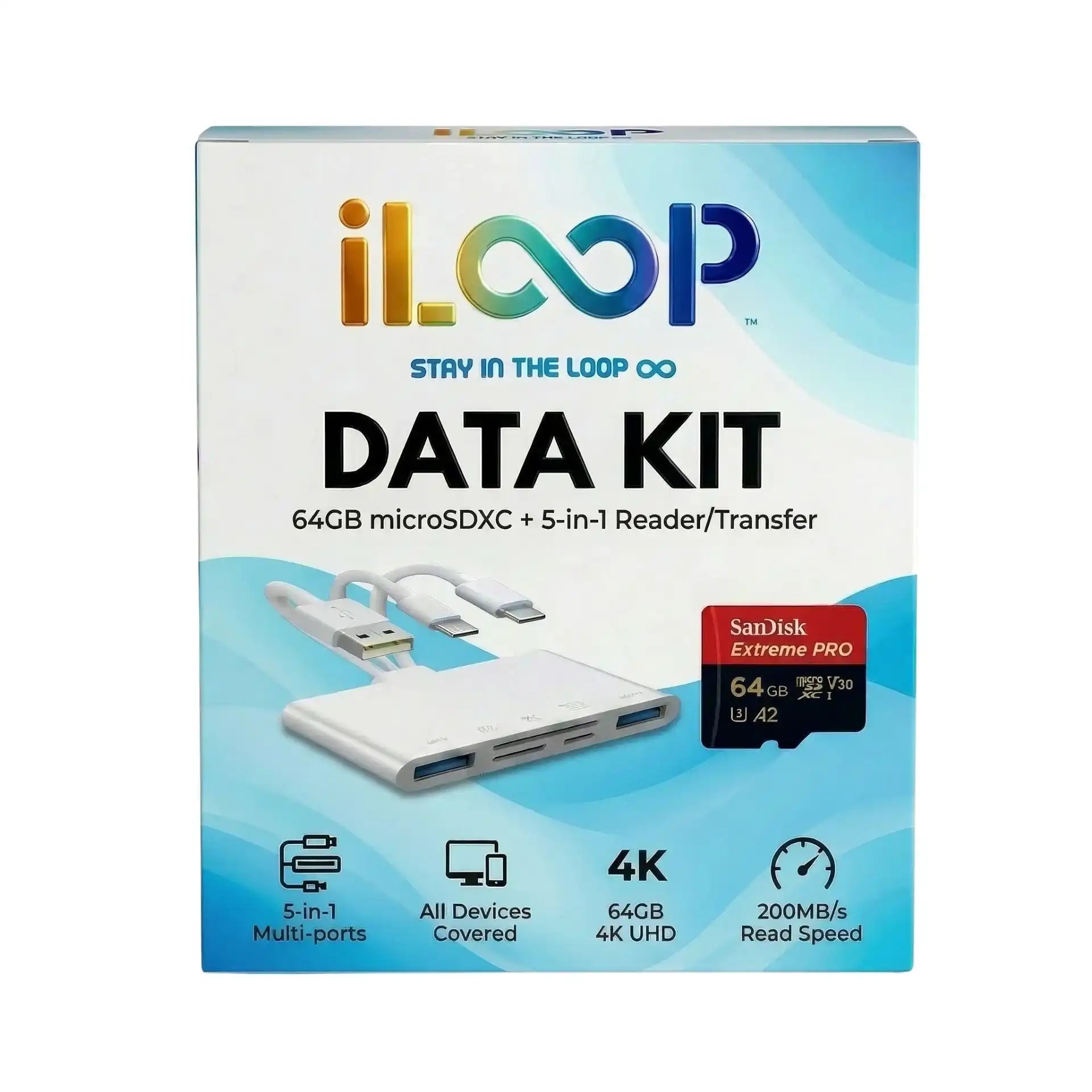 5-in-1 universal card reader adapter with 64GB SanDisk Extreme PRO microSDXC in retail box, TUTT