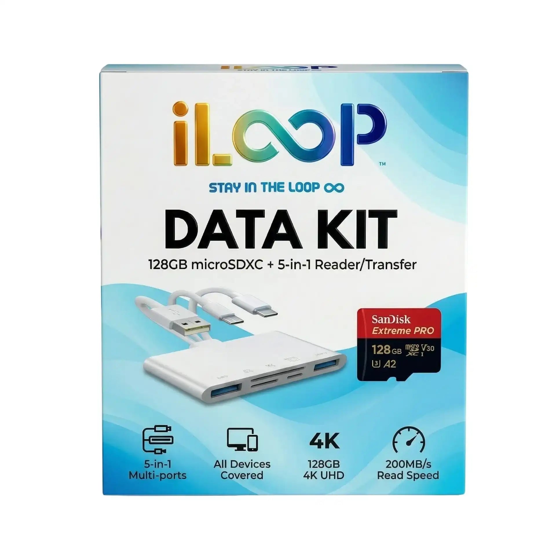 5-in-1 universal card reader adapter bundle with 128GB SanDisk Extreme PRO microSDXC, supports 4K UHD and multi-device data transfer. TUTT