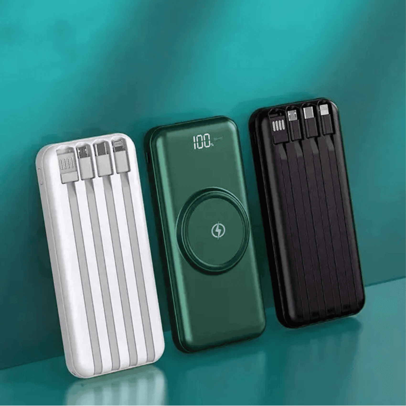 Three portable power banks with built-in charging cables and digital display on teal background. TUTT
